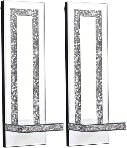 Crystal Crush Diamond Mirrored Candle Sconces, Silver Wall Candle Holder Set of 2, Wall Decorations for Living Room，Dining Room (Rectangle Stripe (Style 4))