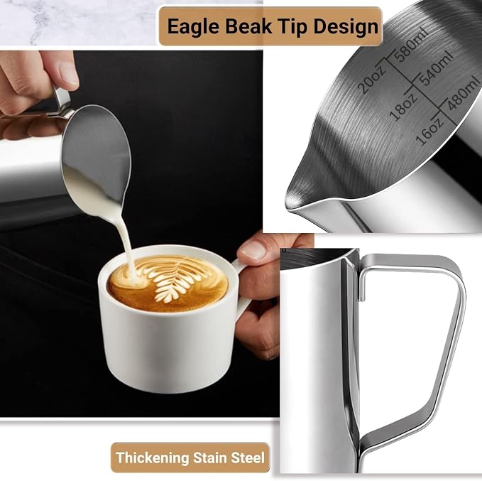 Milk Frothing Pitcher, 600ml Milk Frother Cup Stainless Steel Jug Steaming - Image 4