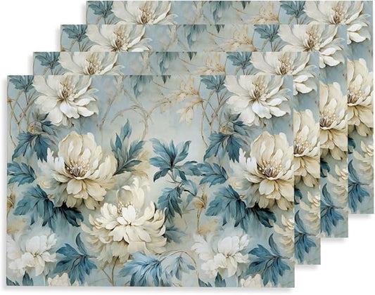 12"x18" Vintage White/Blue/Green Peony Florals Placemats Set of 4 Washable Thick Place Mats Kitchen Table Mats Decorative Linen Fabric Table Mat for Dining Table Kitchen Home Decor