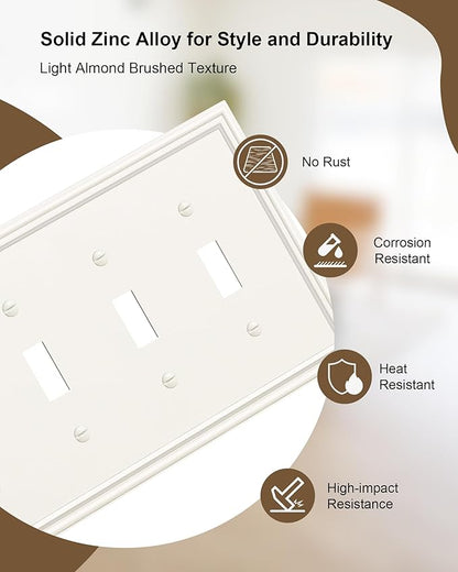 2-Pack Quad Toggle Light Switch Cover Plate, Durable Zinc Alloy Decorative Switch Plate Covers, Light Almond 4 Gang Switch Plates, Corrosion Resistant