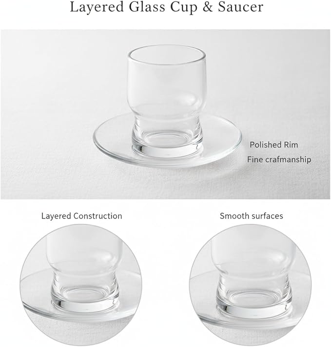 Layered Glass Tumbler with Saucer, Handleless Clear Cup - Image 6