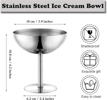 Ice Cream Bowls Stainless Steel Dessert Cups with Spoons Reusable Footed Sundae Cups Ice Cream Cups for Dessert, Frozen Yogurt, Gelato, Birthday Party Decorations (1, Silve)