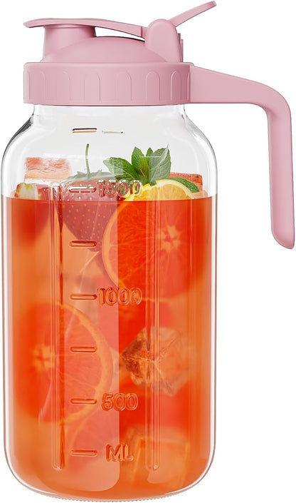 Glass Pitcher with lid, 64 oz Wide Mouth Mason Jar | Dual leak-proof lid by Junvpic
