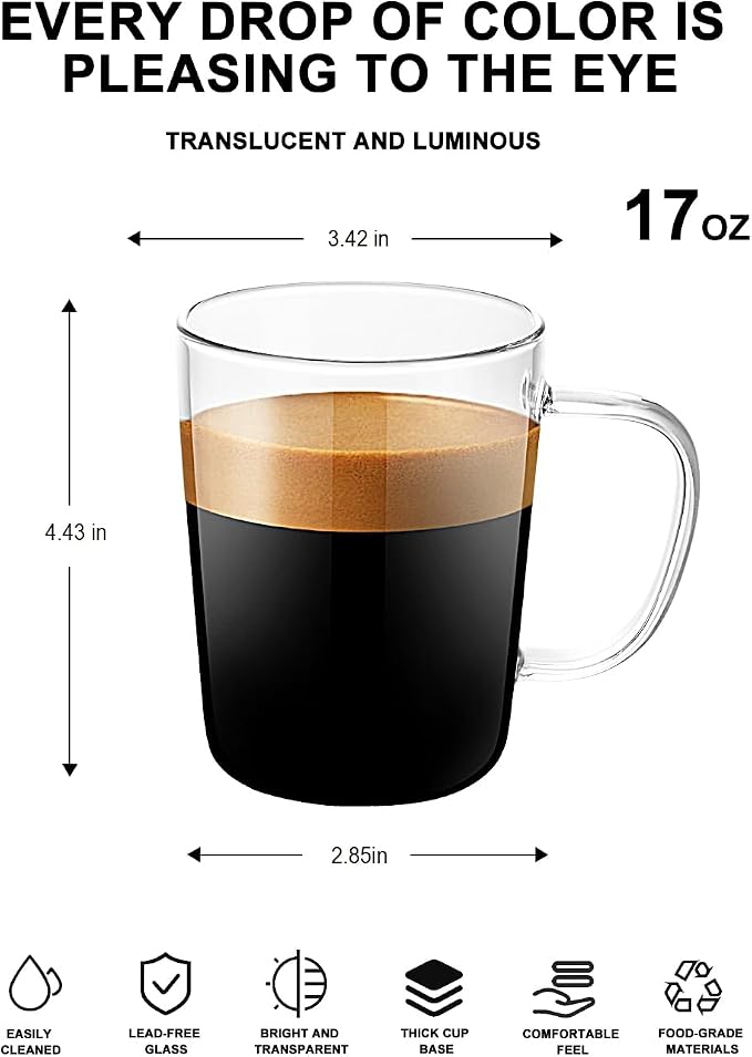 LUXU Glass Coffee Mugs, 17 oz Ice coffee cups, Large Beer Mugs Set of 4 | - Image 2