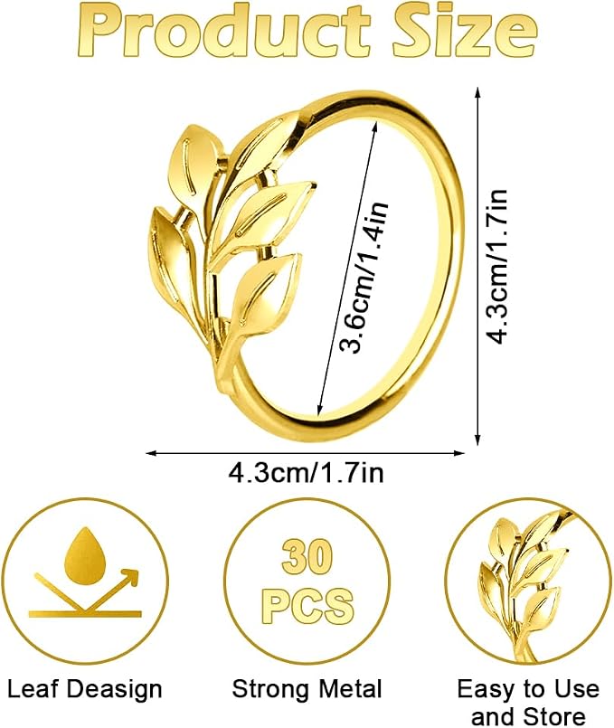 100 Pcs Gold Leaf Napkin Rings Set, Metal Napkin Ring Holders Buckles - Image 2