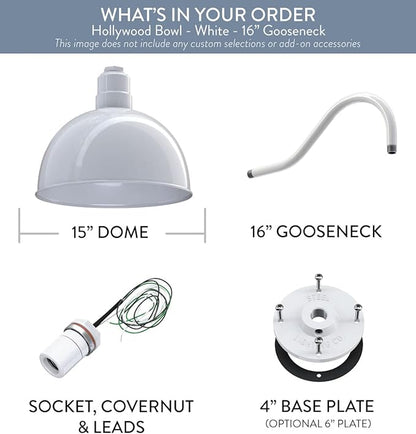 Steel Lighting Co. Hollywood Bowl Light | Outdoor Wall Mounted | 15 inch Bowl Dome | 16 inch Gooseneck | Barn Light Made in America | White Exterior/White Interior