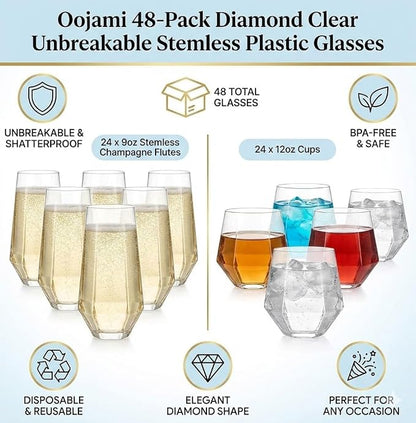 Oojami 48 Pack Diamond Plastic Champagne Flutes Stemless 9oz & 12oz Cups | - Image 2