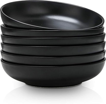 Selamica Ceramic 7.8 inch pasta bowls, 26 Ounce large serving porcelain salad soup bowls, dishwasher microwave safe, set of 6 (Black)