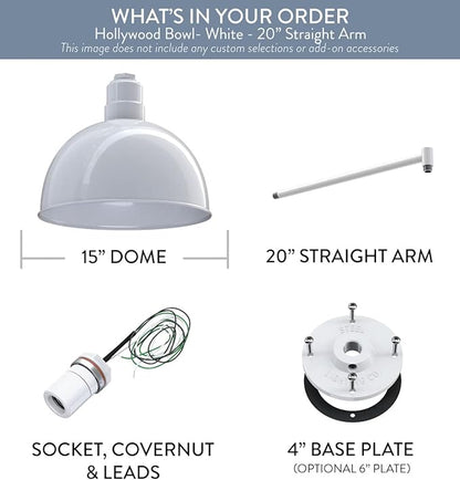 Steel Lighting Co. Hollywood Bowl Light | Outdoor Wall Mounted | 15 inch Bowl Dome | 20 inch Straight Arm | Barn Light Made in America | White Exterior/White Interior