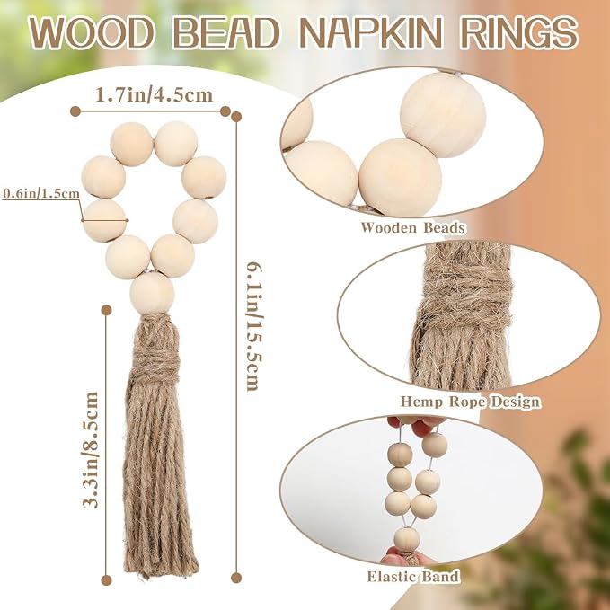 Wooden Bead Napkin Rings Set of 12, Farmhouse Stretchable Napkin Rings - Image 3