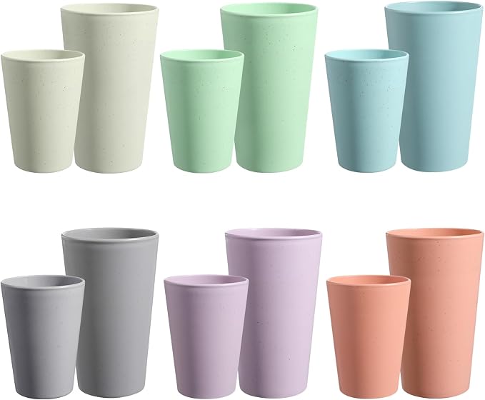 HEYCOME Set of 12 Wheat Straw Cups, Reusable Plastic Cups Sets, Water Glasses by StayHealthyStayHappy