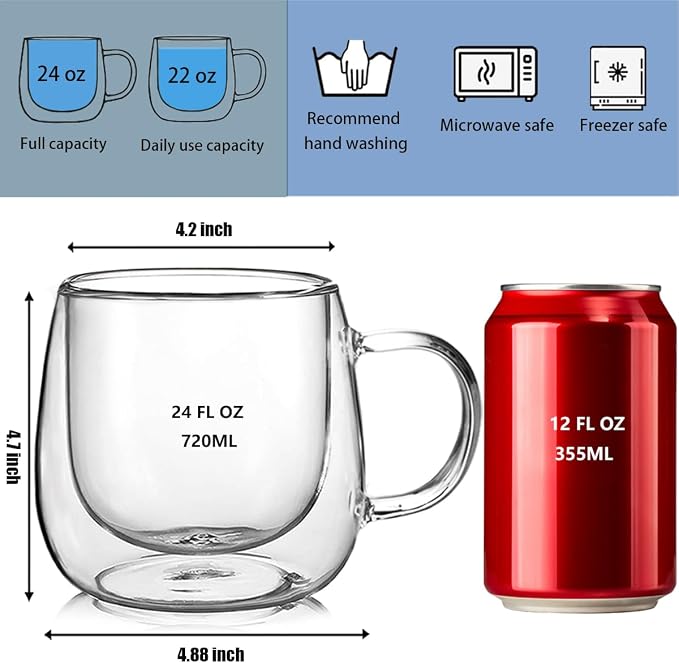 Large Double Walled Glass Coffee Mugs Beer Cups 24oz set of 2, Insulated Clear - Image 7