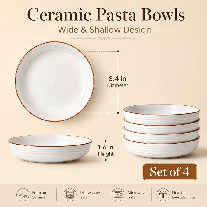 8 Inch Minimalist style Ceramic Pasta Bowls set of 4, 38 Oz White Serving Bowls - Image 3