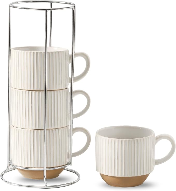 HASENSE 15 oz Ribbed Stackable Ceramic Coffee Mug Set of 4, Dishwasher & by Hasense