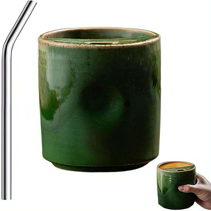 18oz Ceramic Coffee Mug with Sip Lid, Handleless Tumbler in a Vintage Kiln Style by Unknown