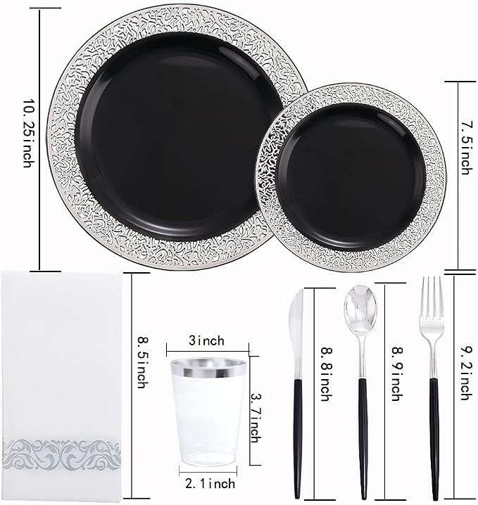 LIYH 350Pcs Black Silver Lace Plastic Plates Dinnerware Set - Image 2