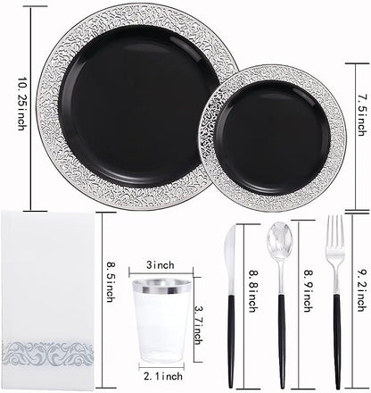 LIYH 350Pcs Black Silver Lace Plastic Plates Dinnerware Set - Image 2