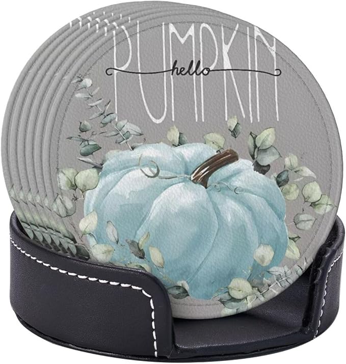 6 Pcs Fall Blue Pumpkin Eucalyptus Leaves Grey Leather Coasters - Image 6