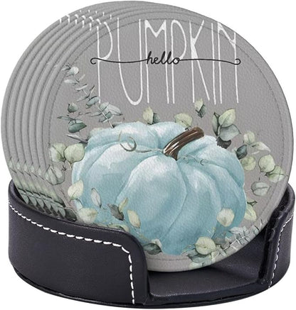6 Pcs Fall Blue Pumpkin Eucalyptus Leaves Grey Leather Coasters - Image 6