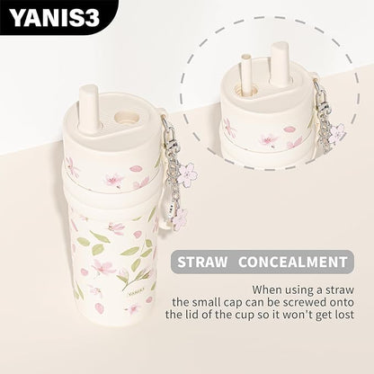 18.5 oz Thermo Cup with Straw, Floral Embossed Designed Car Cup, Vacuum - Image 5