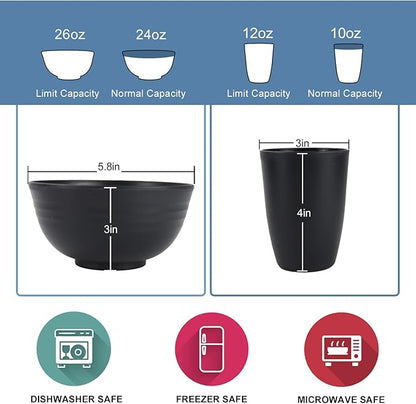 Wrova Wheat Straw Dinnerware Set of 40 Pieces - 10" & 9" Plates, 6" Snack Plates, 26oz & 12oz Bowls & Cups - Unbreakable, Microwave & Dishwasher Safe - Black
