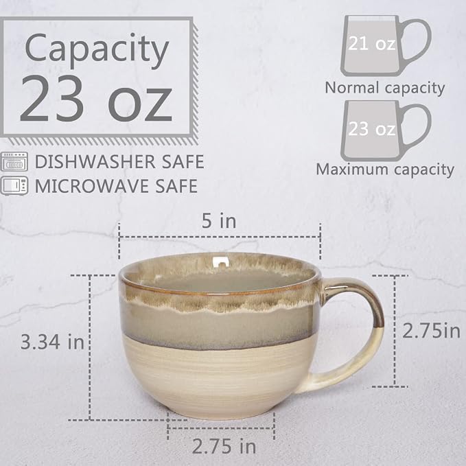 Ceramic Jumbo Coffee Mug Set of 2, 23 Oz, Large Mug Soup Bowls - Image 2