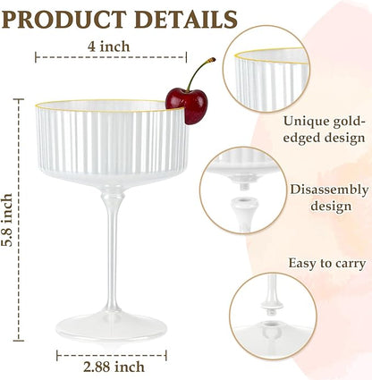 24 PCS Champagne Martini Glasses Pearl White 10 oz Espresso Martini Glasses Gold Rim Disposable Plastic Ribbed Coupe Glasses Vintage Cocktail Glass Champagne Coupe Cup For Wedding Anniversary