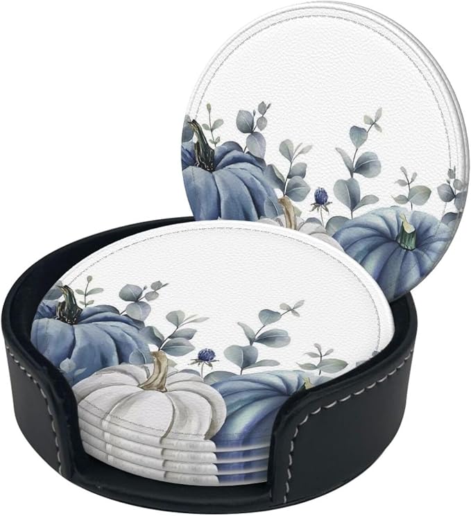 6 Pcs Blue White Pumpkins Leather Coasters - Image 3