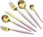 JASHII Luxury 18/10 Pink Handle Flatware Gold Silverware Set 304 Stainless Steel Flatware Cutlery Set| 6-Piece Adaline Royal Modern Satin Finish| BEST Birthday Wedding Gift (Pink Handle Matte Gold)