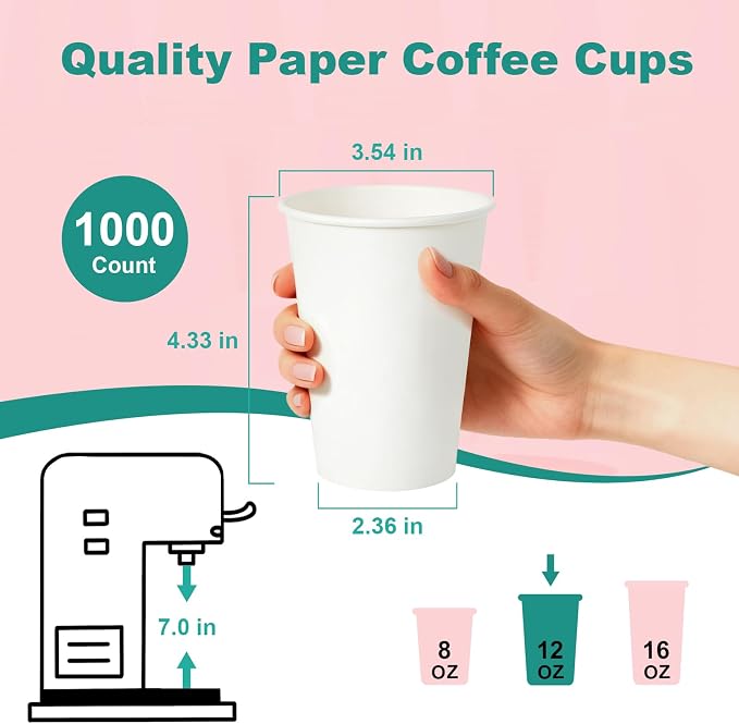 12 oz 100 Pack Disposable Coffee Cups, Bulk White Disposable Paper Cups - Image 3