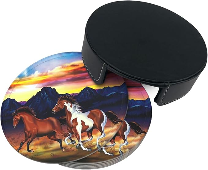 6 Pcs Wild Horses Running Leather Coasters - Image 4