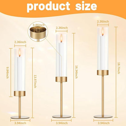 Set of 6 Gold Candle Holders, Tall Hurricane Candlestick Holders with Glass for Taper and Pillar Candles, Home Decor for Wedding, Christmas, Party, Anniversary, Dining Table