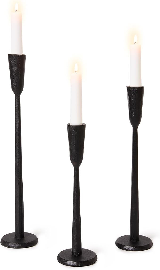 Cast Iron Taper Candle Holder Set of 3, Heavyweight Tall Candlestick Holders, for Fireplace Mantle & Dining Table, Versatile Decor for Wedding, Holiday, Home & Christmas (Black)