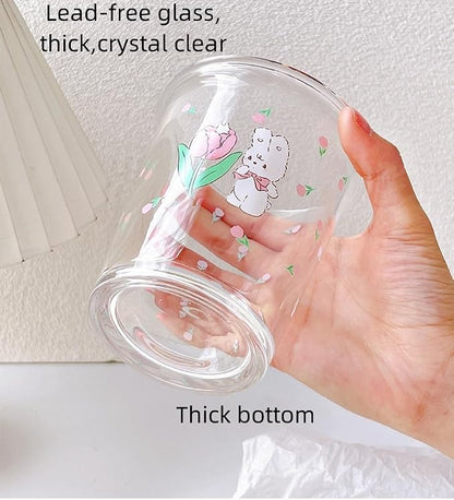 2 Pack 12 OZ Cute Floral Glass Cup Rabbit Drinking Glasses | Thick Sturdy - Image 3