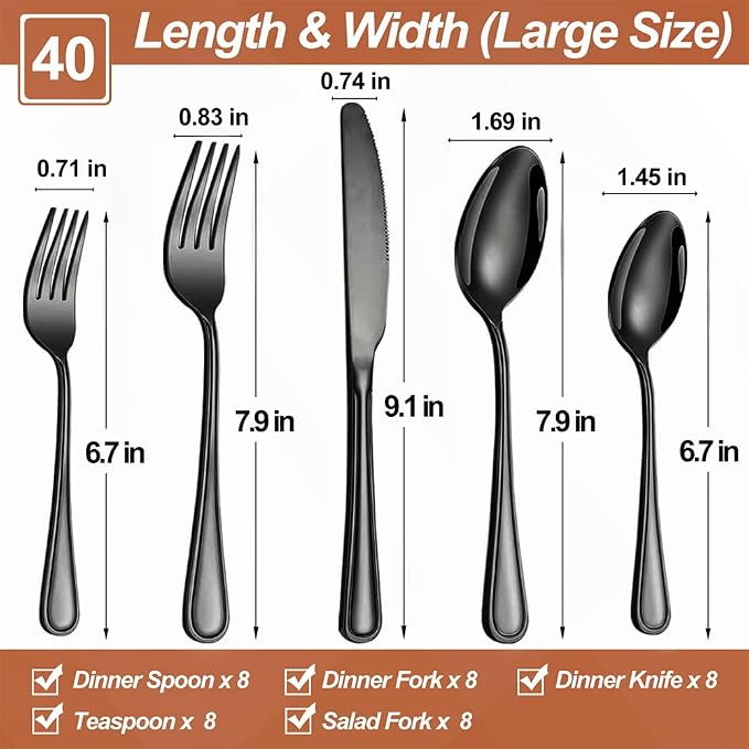 40 Pcs Black Silverware Set for 8, Food Grade Stainless Steel Flatware Set - Image 2