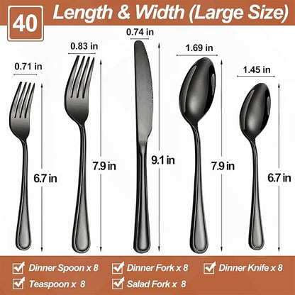 40 Pcs Black Silverware Set for 8, Food Grade Stainless Steel Flatware Set - Image 2