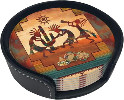 6 Pcs Southwest Kokopelli Native American Leather Coasters - Image 2