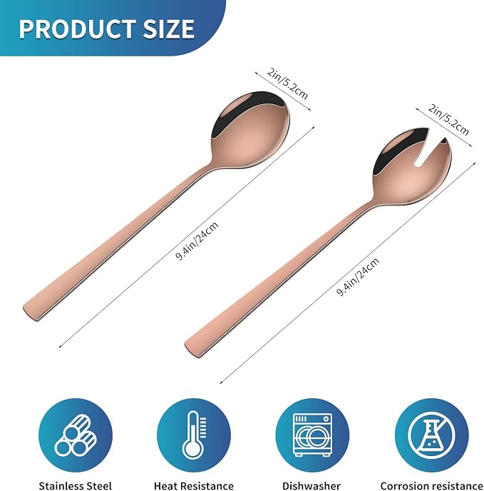 Rose Gold Salad Serving Utensils Set, 9.4 Inch Stainless Steel Salad Serving - Image 2
