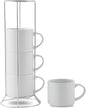 HASENSE Coffee Mugs 12 OZ Ceramic Cups Set of 4, Stackable Embossed Coffee Cups with Rack, Porcelain Coffee Cups for Latte, Cappuccino, Mocha, Cocoa, Americano, Hot Tea and Milk, White
