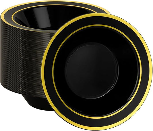 BESTSTAR 100 Pack Black Disposable Bowls with Gold Rim, 12oz Black Plastic Soup Bowls for Party, Wedding, Holiday,And Halloween