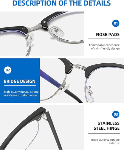 SOAR&EAGLE 3 Pack Blue Light Blocking Glasses,Computer Gaming Glasses,Retro Semi Rimless UV400 Clear Lens Computer Eyewear For Men/Women (Sand black silver/Wood grain gun/Crystal silver)