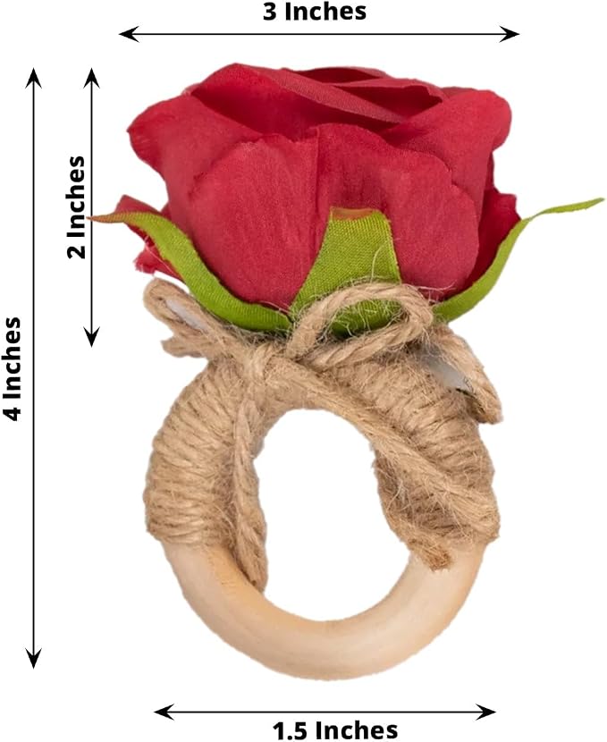 Efavormart 4 Pack Red Silk Rose Flower Wooden Napkin Rings, Rustic Boho Chic - Image 2