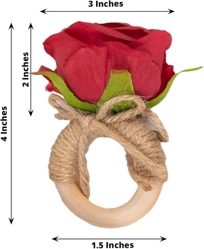 Efavormart 4 Pack Red Silk Rose Flower Wooden Napkin Rings, Rustic Boho Chic - Image 2