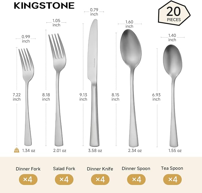18/10 Flatware set for 4, 20 Piece Matte Stainless Steel Silverware Set | - Image 2