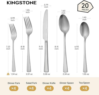 18/10 Flatware set for 4, 20 Piece Matte Stainless Steel Silverware Set | - Image 2