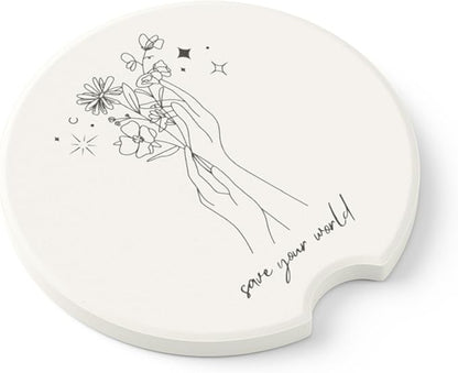 Absorbent Soapstone Car Coaster, Save Your World, Minimalist Black and White Floral Design, Ceramic Coaster