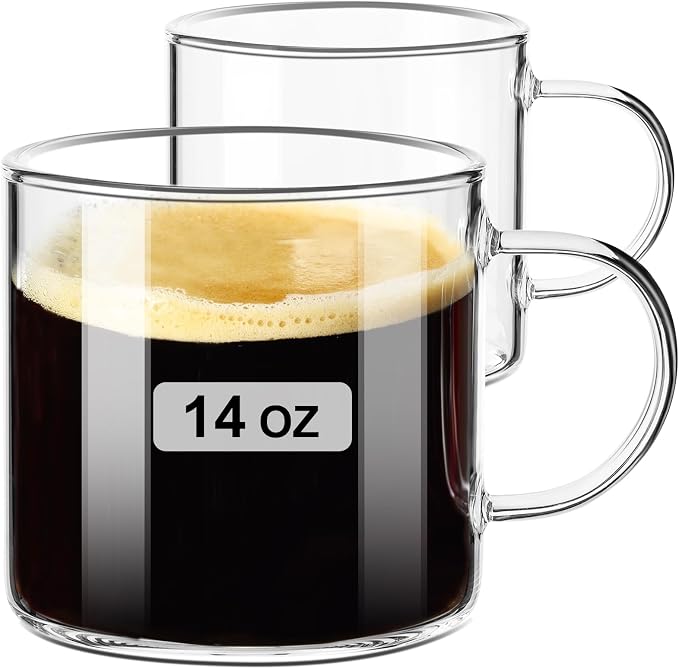 PARACITY Glass Mug Set of 2, 14.2 fl oz Clear Coffee Cups by PARACITY