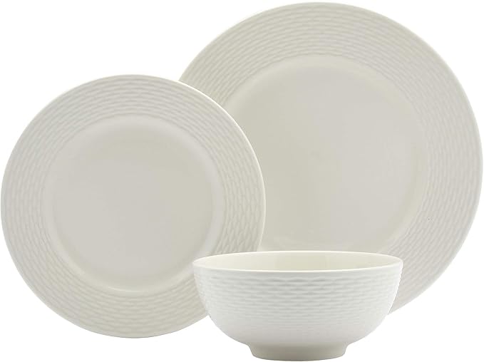 Tabletops Gallery Embossed Bone White Porcelain Round Dinnerware Collection- by TabletopsGallery