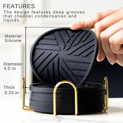 Black Silicone Coasters Set of 6 with Gold Holder - Smart and Modern Design That Holds Your Drink’s condensations, Protecting Your Coffee Table, Perfect Decor for Home, Office, bar