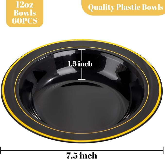 bUCLA 60 Pack Black Plastic Bowls - 12 oz Plastic Soup Bowls Disposable - Image 2